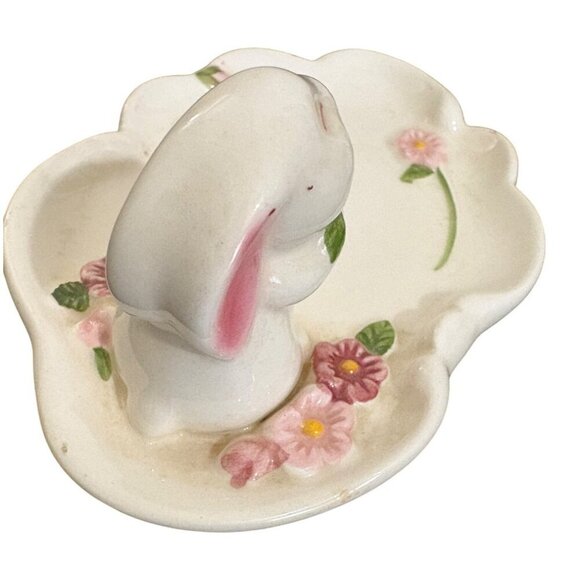 Vintage Easter 3 Piece Avon 1985 Ceramic Bunny & Floral Trinket Tray And Vase Se - Picture 7 of 11
